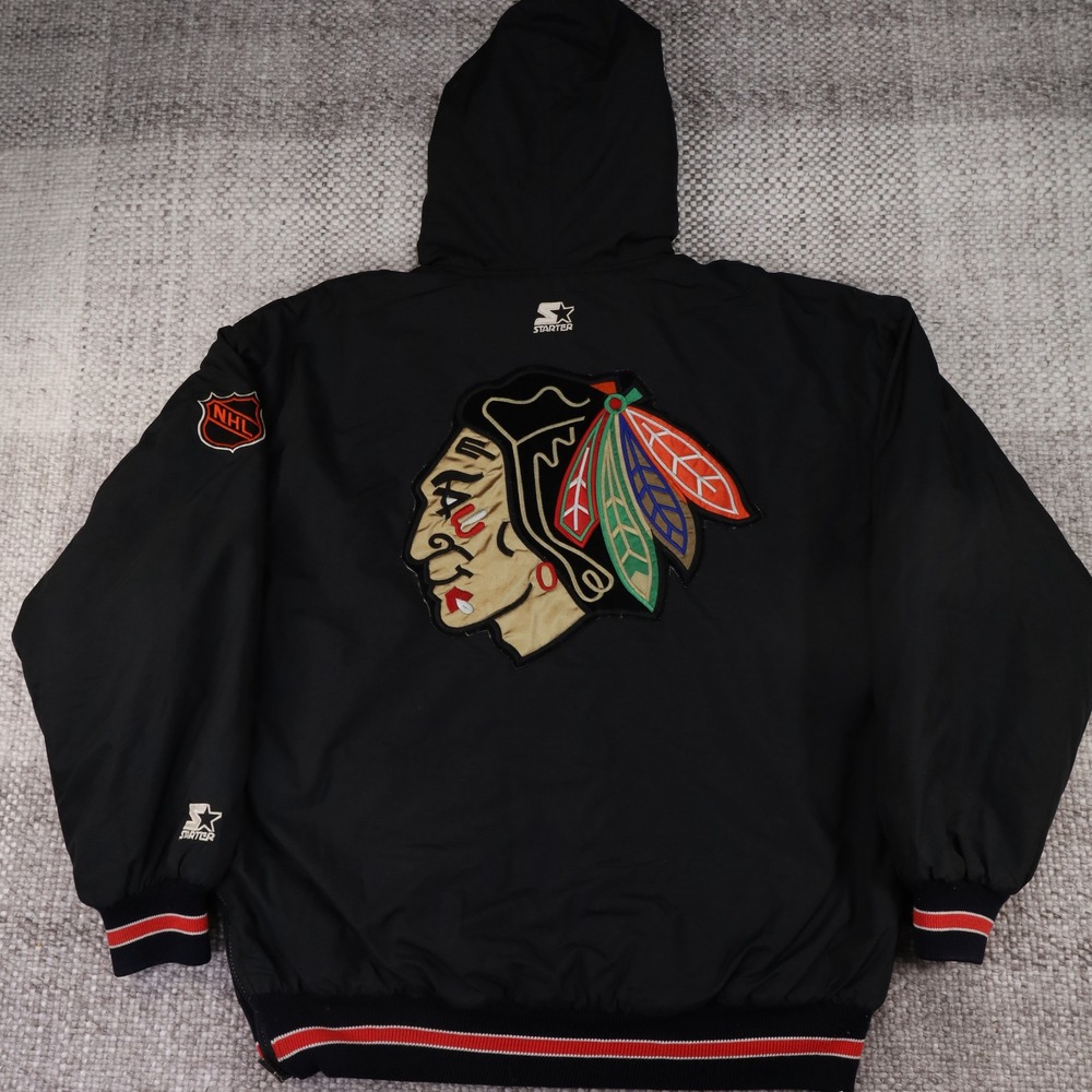 Vintage Chicago Blackhawks Starter Jacket Black Puffer Parka NHL Large 90s